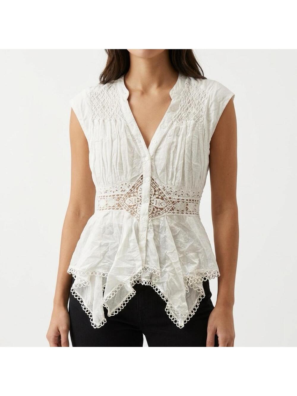 Anthropologie White Lace Trim Smocked Peplum Blouse Size Medium